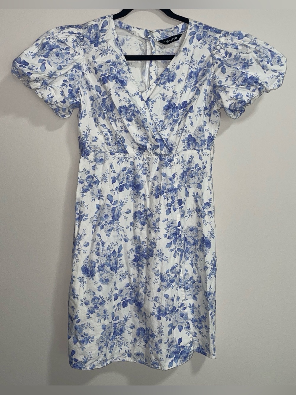 FABALLEY | Blue Floral Puff Sleeve Wrap Dress